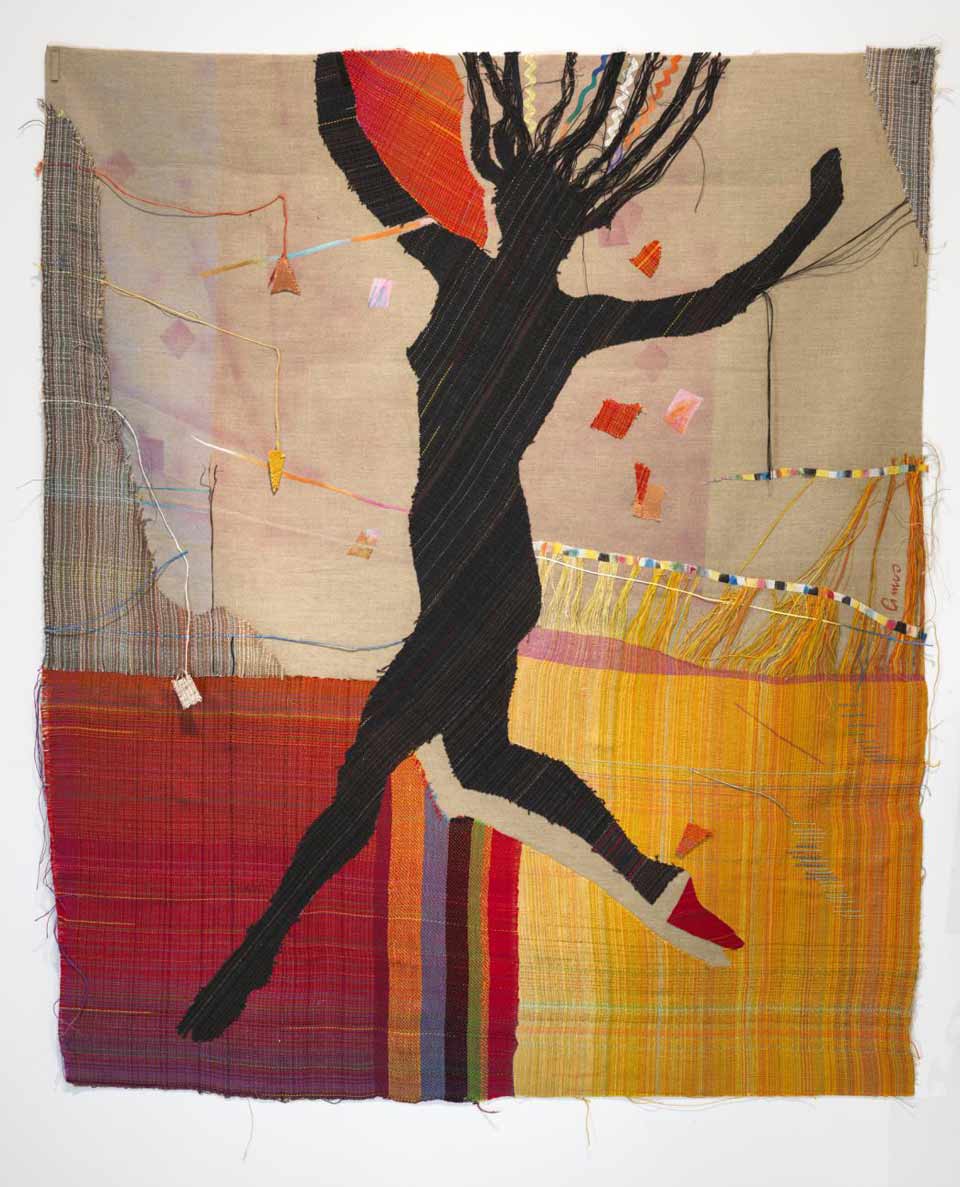 Emma Amos, Winning, 1982, acrylic on linen with hand-woven fabric, Smithsonian American Art Museum