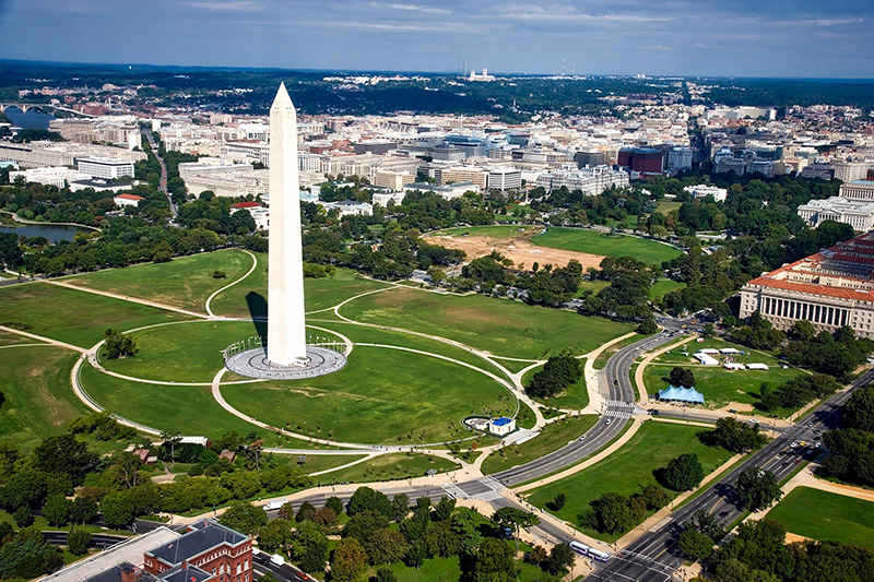 Vue aérienne de Washington DC, beaucoup d'espaces verts