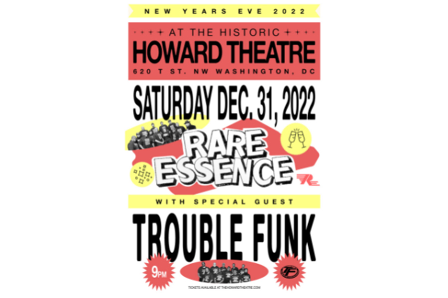 Rare Essence + Trouble Funk 이벤트가 포함된 새해 전야 포스터 그래픽
