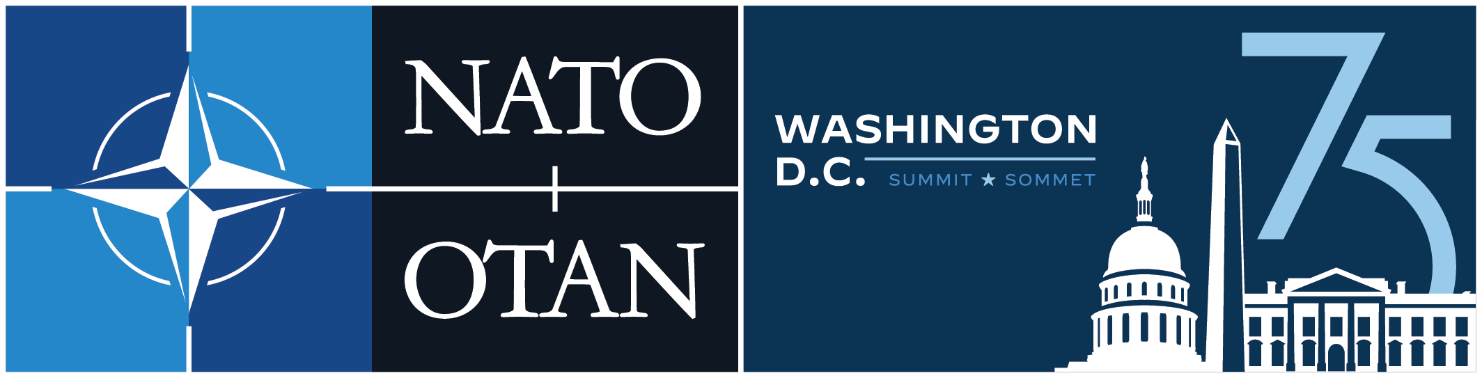Official logo for the NATO 2024 Summit in Washington D.C., featuring the NATO symbol in blue, the acronyms 'NATO' and 'OTAN' in white, and iconic silhouettes of the Capitol Building, Washington Monument, and White House, with '75' prominently displayed to denote the anniversary.