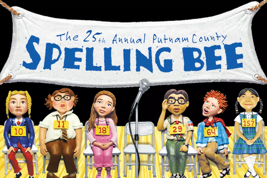 A colorful poster for 'The 25th Annual Putnam County Spelling Bee' featuring claymation-style characters of six contestants sitting in chairs with their contestant numbers. A microphone stand is placed in the center.