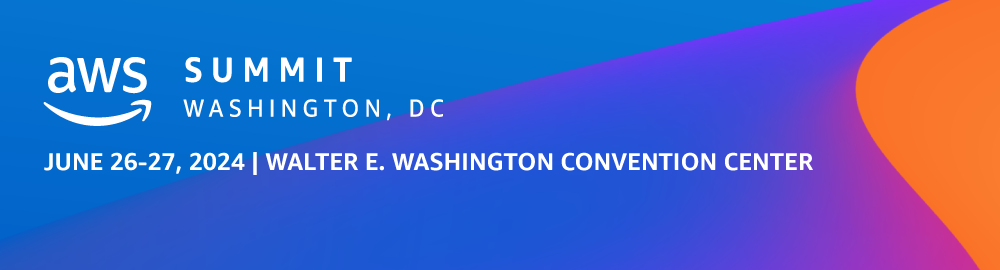 Banner for AWS Summit Washington, DC, held on June 26-27, 2024, at Walter E. Washington Convention Center.