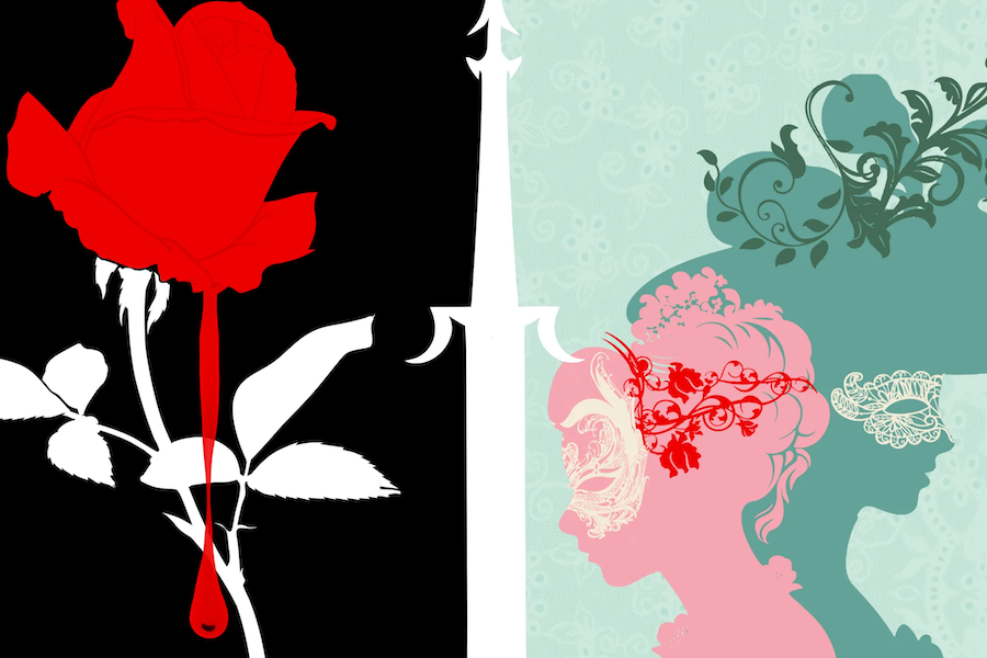 An illustration divided into two halves. The left half shows a red rose with white leaves and a red droplet against a black background. The right half shows two silhouetted profiles of women with ornate decorations against a light teal background.