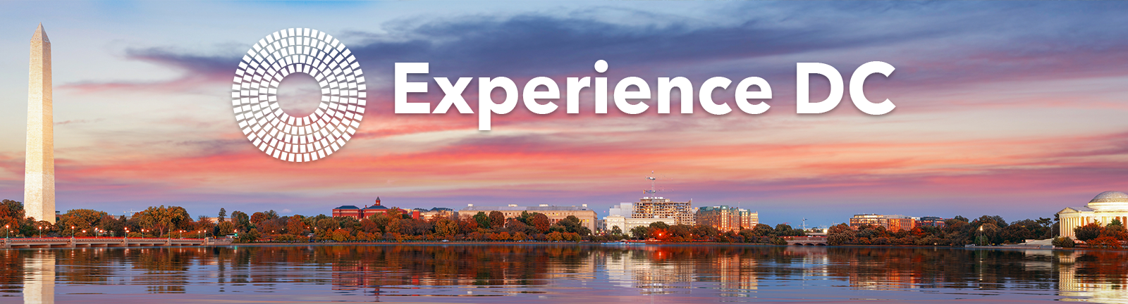 Panoramic view of Washington, D.C.'s National Mall at sunset with the Washington Monument on the left and the Jefferson Memorial on the right, reflected in the calm waters of the Tidal Basin. The sky is painted with soft hues of pink, orange, and blue. Overlaid text reads 'Experience DC' with a circular graphic logo.