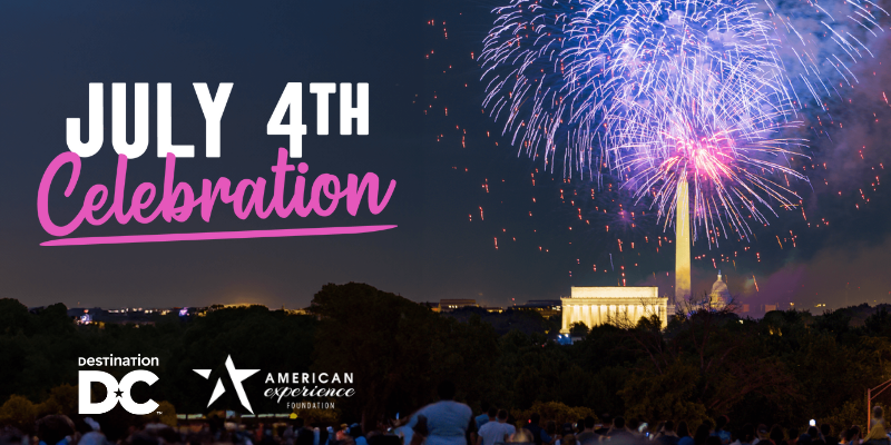 July 4th Celebration - Photo of the fireworks on the National Mall with the Lincoln and Washington Monuments in the background.