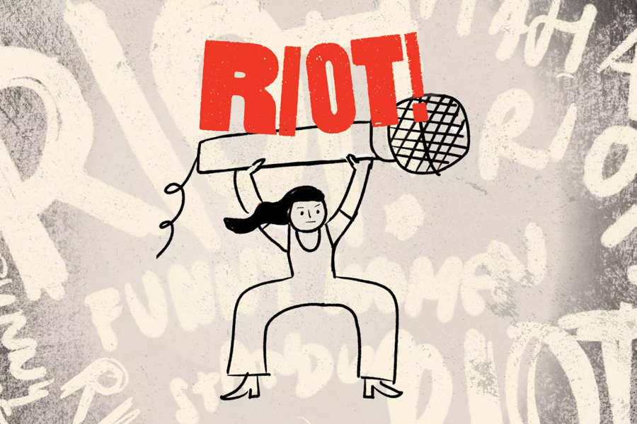 Cartoon woman holding a giant microphone with "RIOT!" in bold red letters above her.