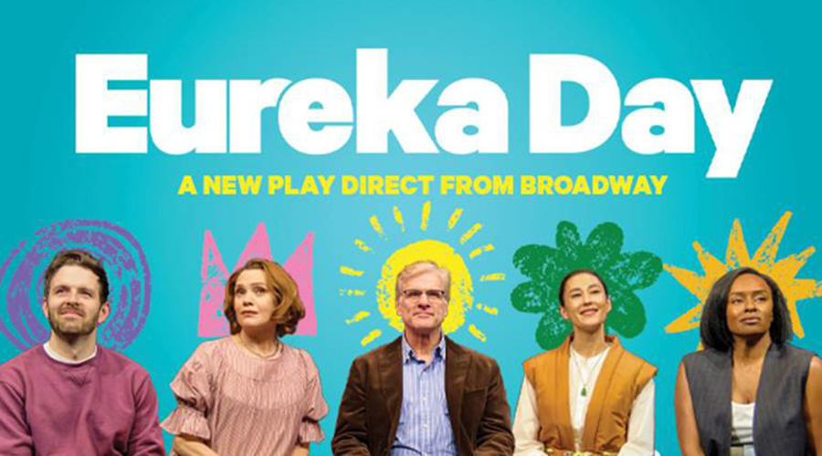 Promotional image for *Eureka Day*, featuring five actors seated against a bright turquoise background.