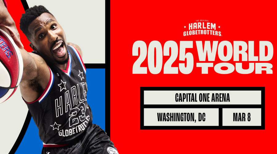 Harlem Globetrotters 2025 World Tour poster promoting their March 8 show at Capital One Arena in Washington, DC.