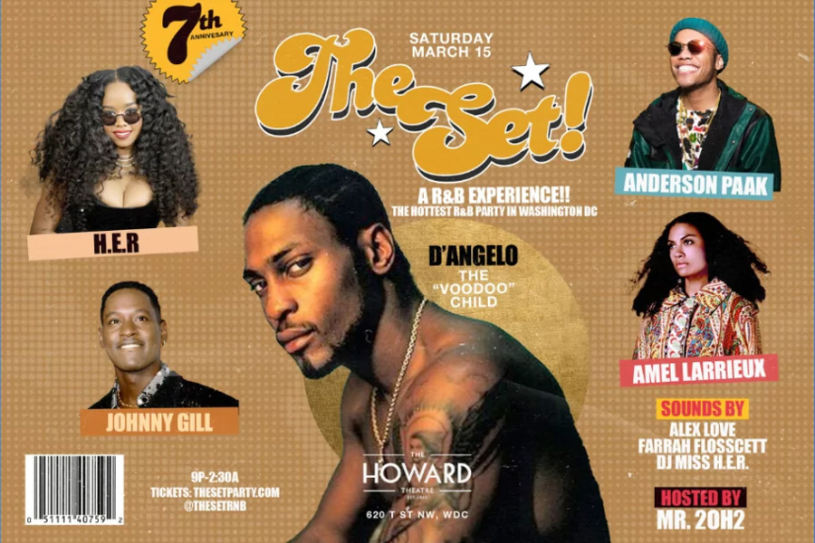 Poster for *The Set!* 7th Anniversary R&B experience on March 15 at The Howard Theatre, featuring D’Angelo, H.E.R, Anderson Paak, Johnny Gill, and Amel Larrieux.