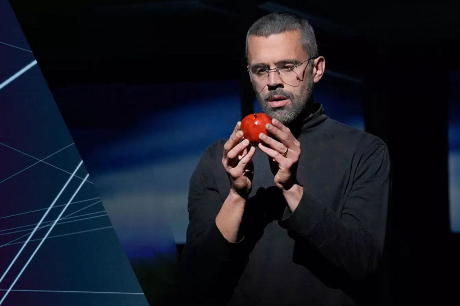 Actor portraying Steve Jobs during a production of 'The (R)evolution of Steve Jobs'