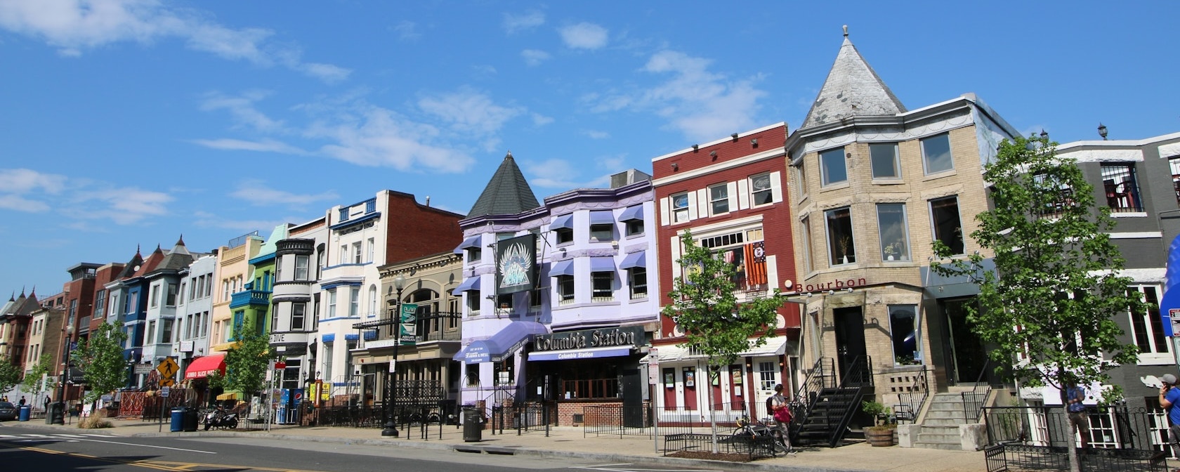 A view of the buildings on Adams Morgan's main street in DC.