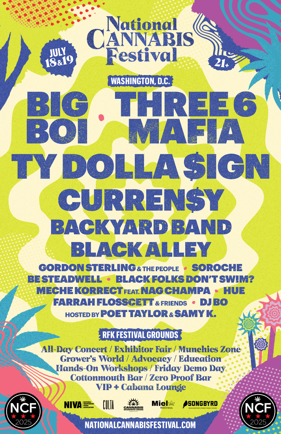Promotional poster for the 2025 National Cannabis Festival in Washington, D.C., featuring headliners Big Boi, Three 6 Mafia, Ty Dolla $ign, and Curren$y, with performances on July 18 & 19 at RFK Festival Grounds.