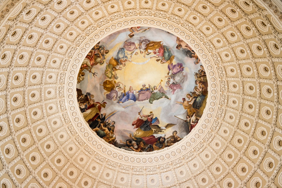 The painted dome of the U.S. Capitol Rotunda featuring the fresco The Apotheosis of Washington.