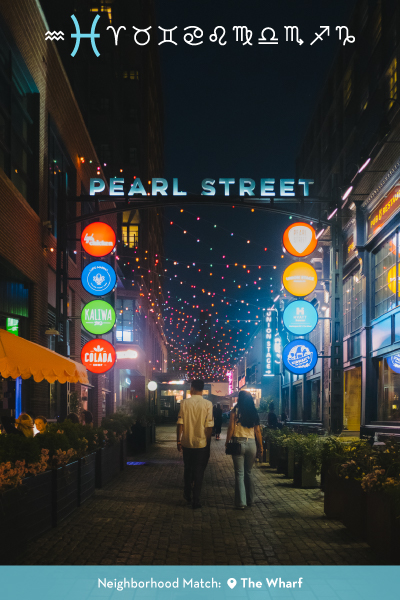 Graphic highlighting Pisces with Pearl Street at The Wharf lit up at night and the caption “Your Neighborhood Match: The Wharf.”