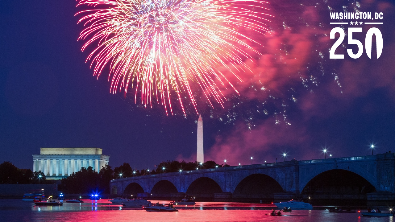 Fireworks burst over the Washington Monument with the Lincoln Memorial and Arlington Memorial Bridge visible at dusk in Washington, DC.
