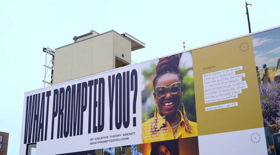 A colorful billboard reading “What Prompted You?” features a portrait of Angel Gregorio and creative text panels.