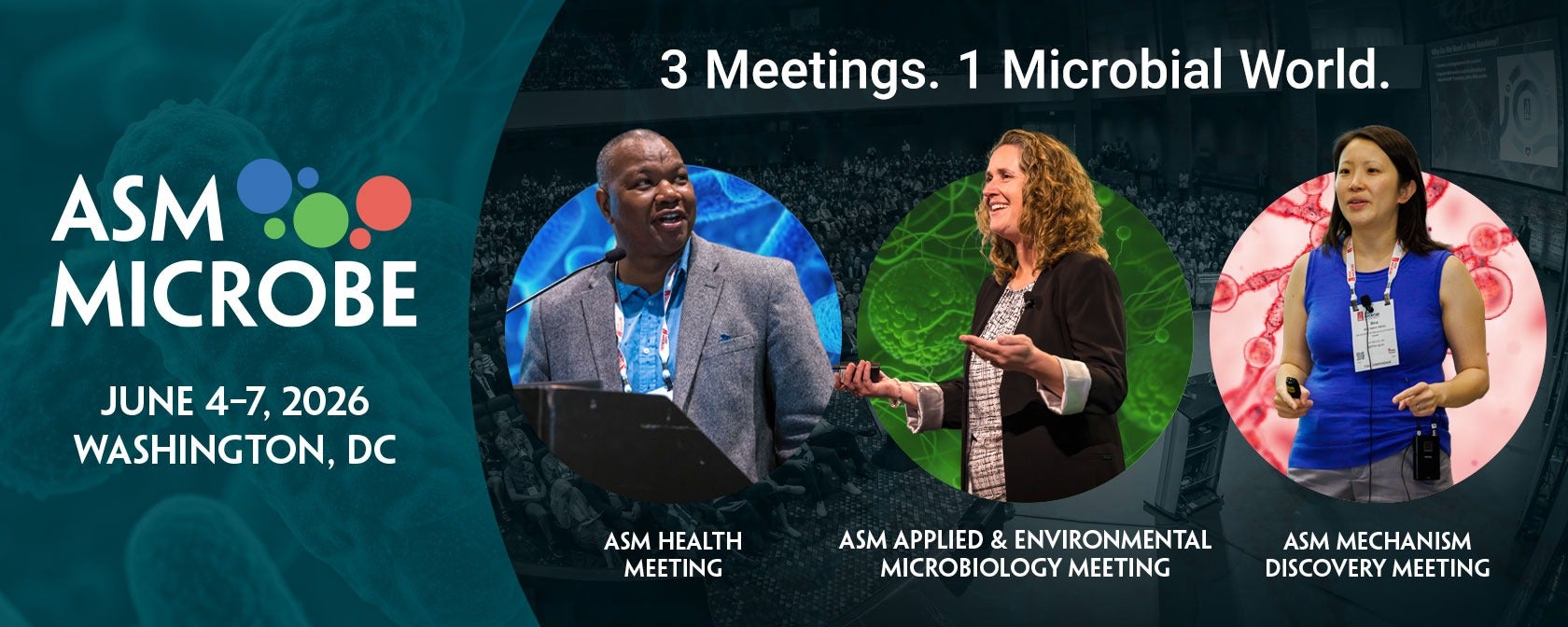 A promotional banner highlights the ASM Microbe conference with speakers and event details for Washington, DC.