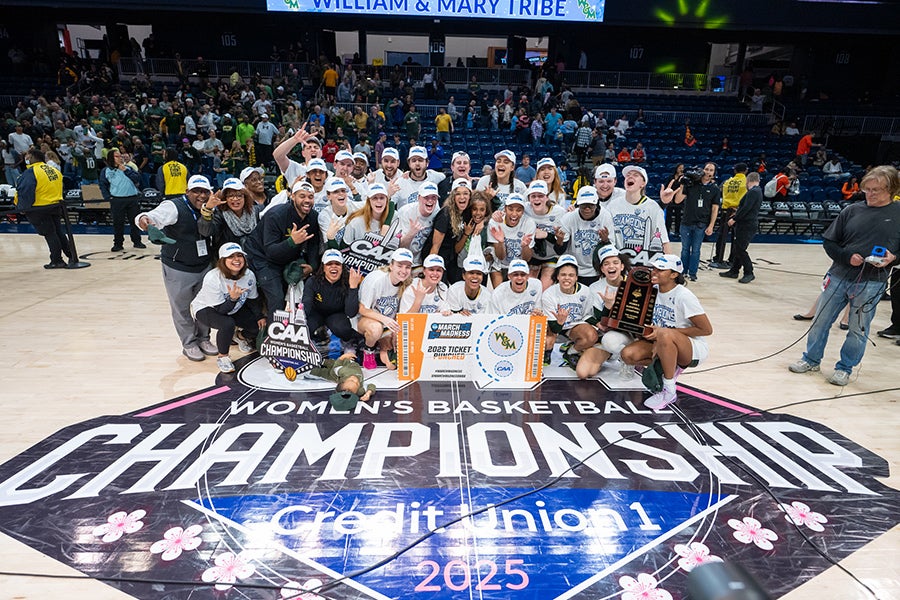 William and Mary women's team after winning the 2025 CAA Championship at CareFirst Arena