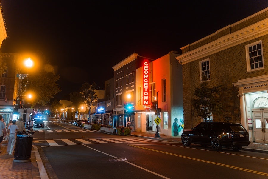 Georgetown neighborhood at night in Washington DC