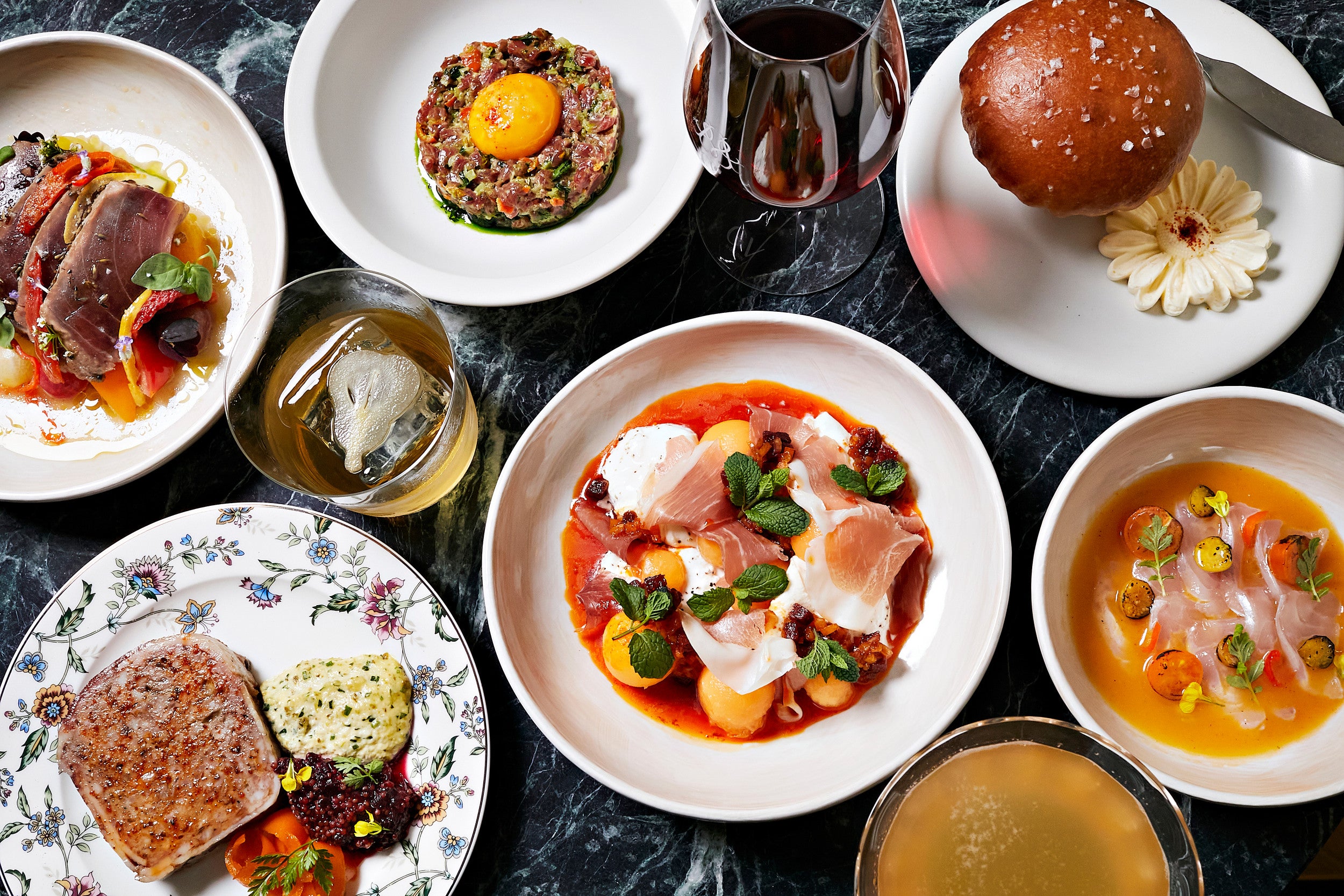 Overhead photo of different french dishes