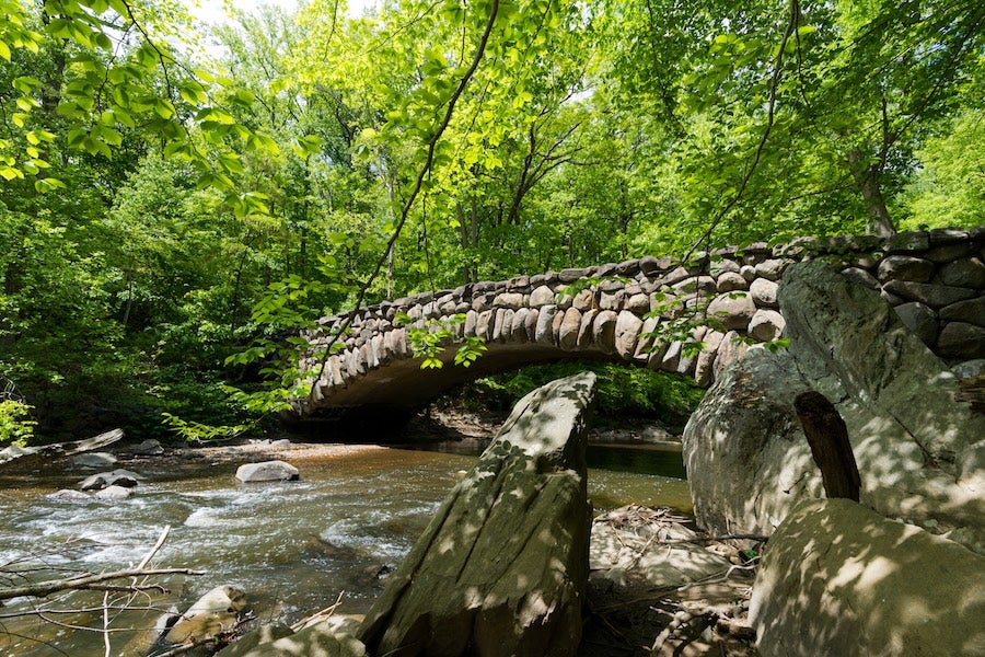 Stone arch footbridge over a rocky creek in a shady green forest
