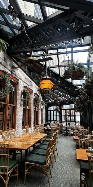 Indoor restaurant patio with wooden tables, green chairs and glass roof with hanging plants