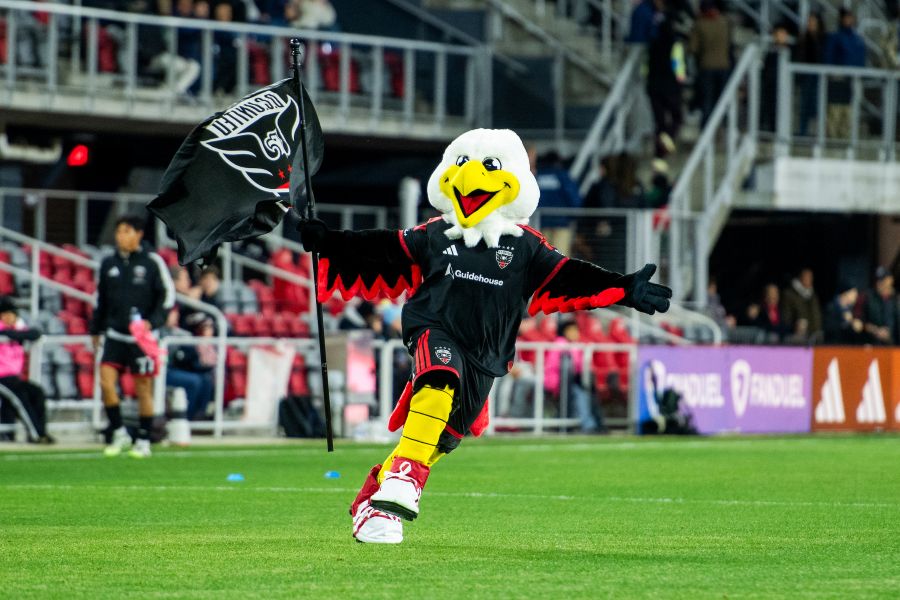 Eagle mascot in black jersey running on soccer pitch