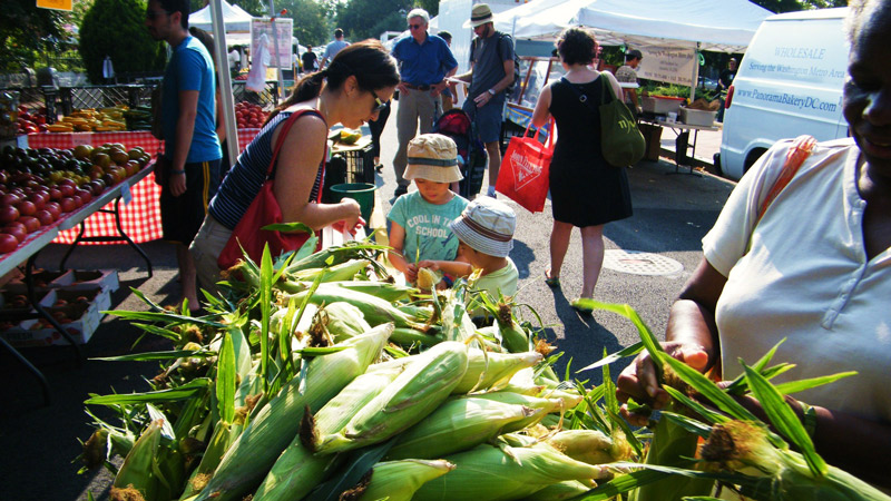 Bloomingdale Farmers' Market - Familie, die frische, lokale Produkte auf dem Farmers' Market in Washington, DC, auswählt