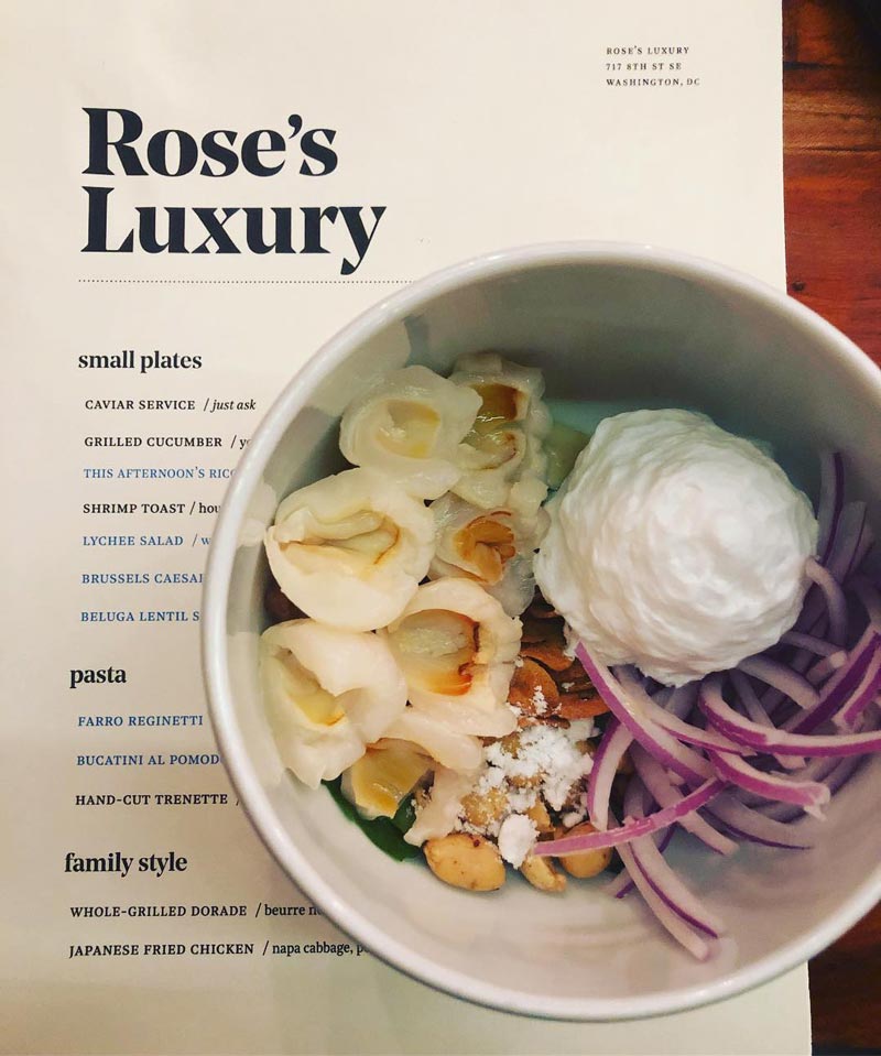 @kristynfd - Menu and lychee salad from Rose's Luxury - Best restaurants in Washington, DC