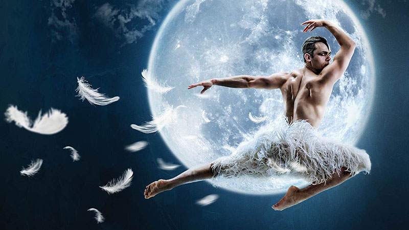 Bailarina de ballet del hombre del lago de los cisnes delante de la luna
