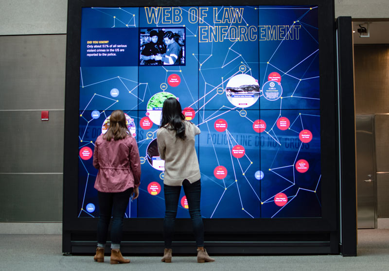 Visitantes interagindo com a exposição no National Law Enforcement Museum em Washington, DC
