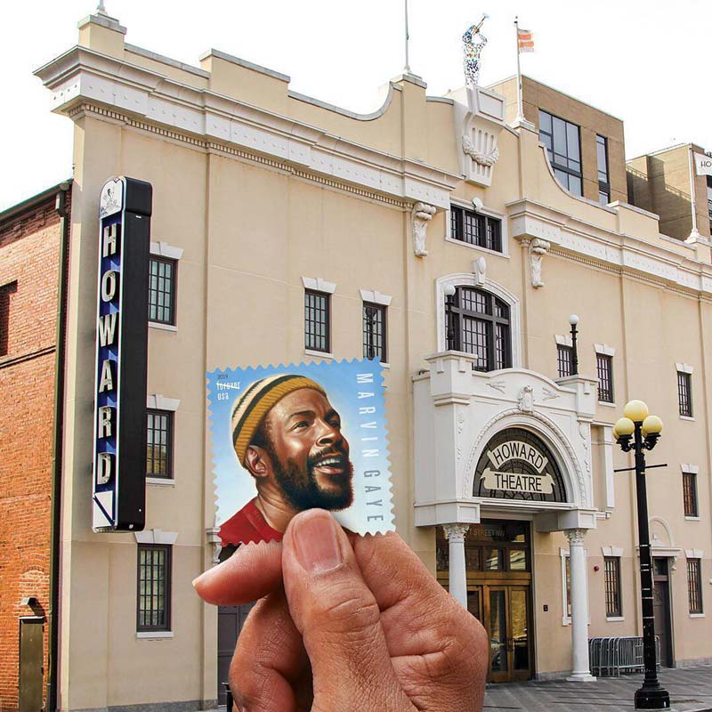 @uspostalservice - Sello de Marvin Gaye en la foto frente al Howard Theatre en el vecindario Shaw de DC