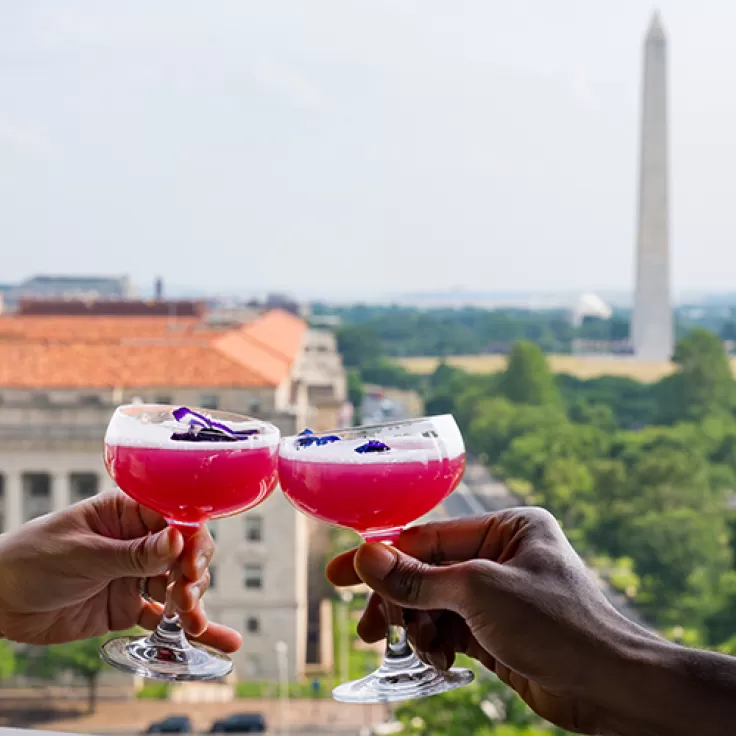 Drinks clinking on VUE Rooftop