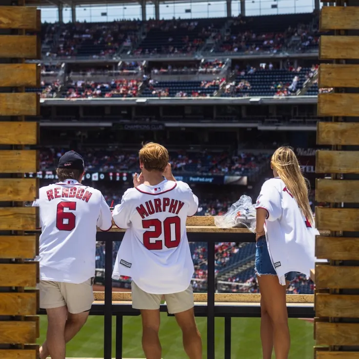 People wearing USA jerseys watch a baseball game from seats near the field