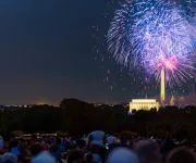 The July 4th fireworks on the National Mall in Washington DC with the Lincoln and Washington Monuments in the background.