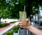  A hand holds out a refreshing green cocktail with lime. 