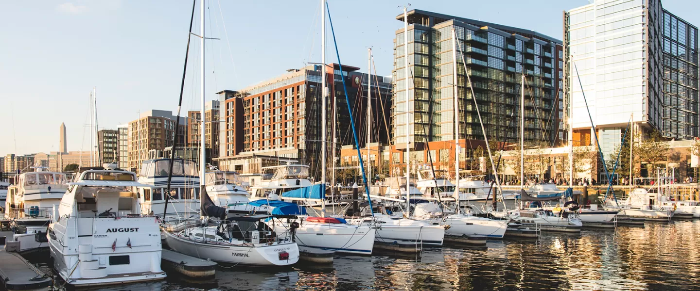 Boats parked at the marina at The Wharf