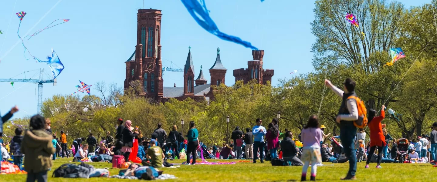 Families and kite enthusiasts gather on the National Mall, flying colorful kites against the backdrop of the Smithsonian Castle.