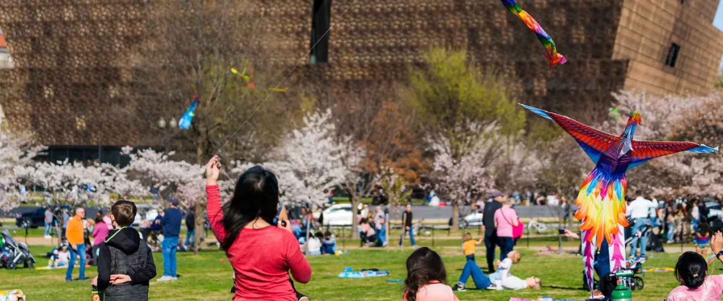 Pessoas empinam pipas coloridas tendo como pano de fundo o Museu Nacional de História e Cultura Afro-Americana durante o Festival Anual de Pipas em Washington, DC.
