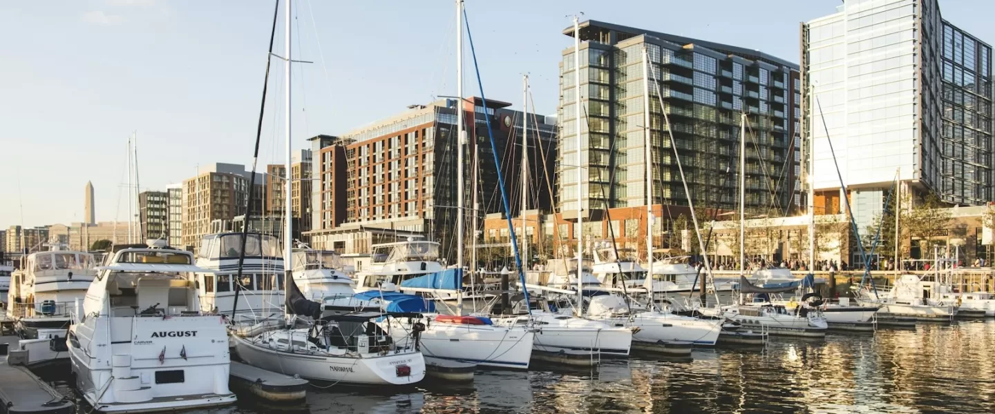 A row of boats docked along the Wharf, with modern buildings in the background and golden light. 