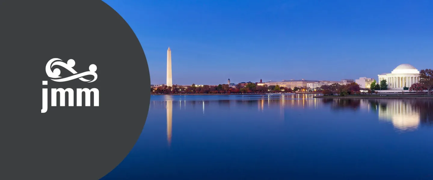 Evening view of the Washington Monument and Jefferson Memorial reflected in the Tidal Basin.