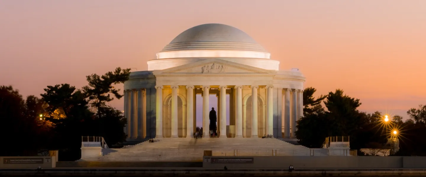 A view of the Jefferson Memorial at sunset. 
