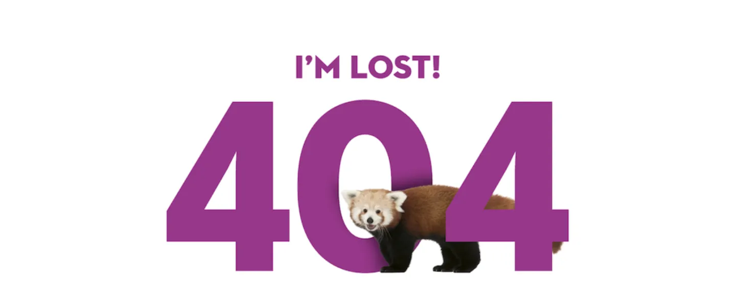 Large, purple lettering that reads, "I'm lost! 404" with a red panda peering out from between the numbers. 