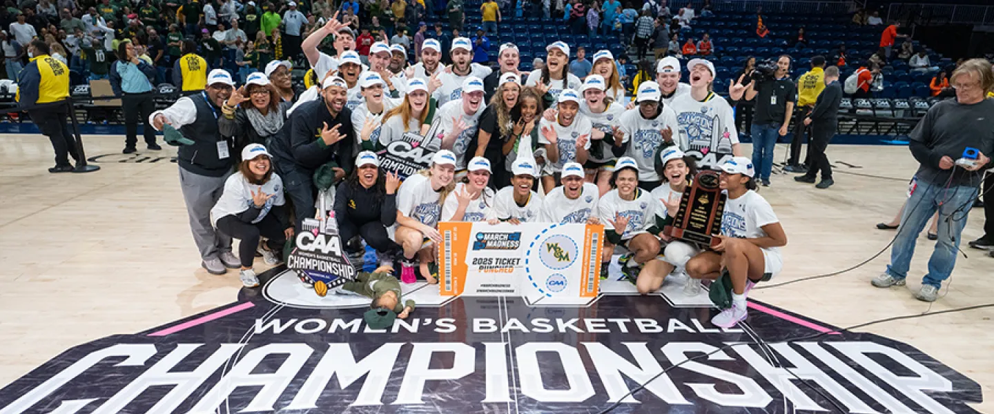 William and Mary women's team after winning the 2025 CAA Championship at CareFirst Arena