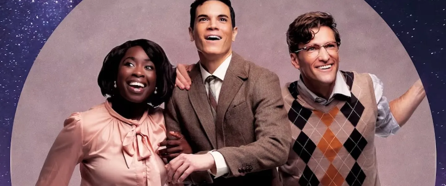 Three smiling people in retro outfits against a starry purple background
