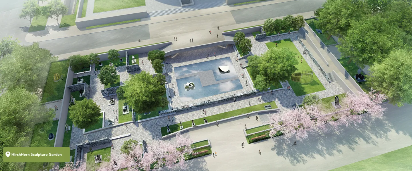 Aerial photo of the Hirshhorn Sculpture Garden with fountains, trees and pathways along a road
