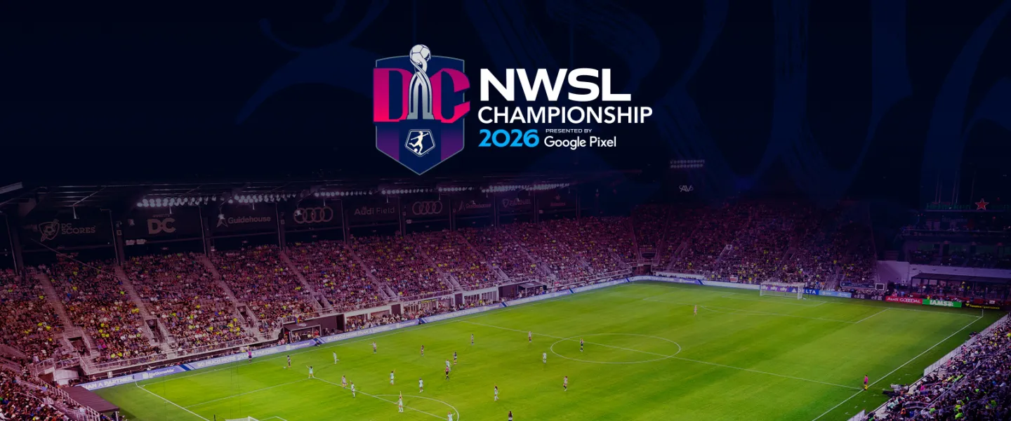 NWSL Championship 2026 logo over a nighttime soccer match in packed stadium under bright lights