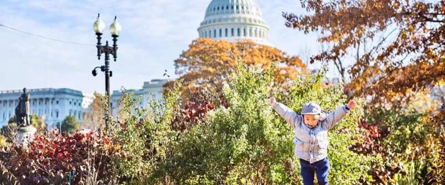 @chasingkaiphoto - Criança pulando em frente ao prédio do Capitólio dos EUA cercada por folhagem de outono - Outono em Washington, DC