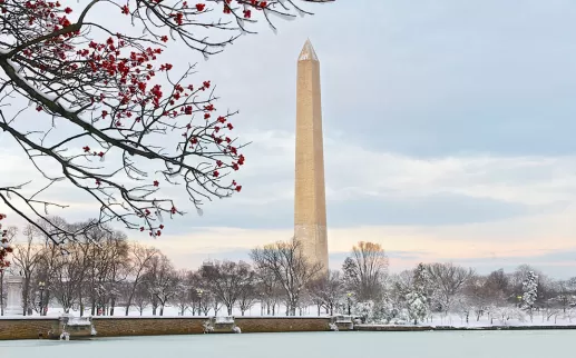 Washington Monument aus dem Tidal Basin im Winter