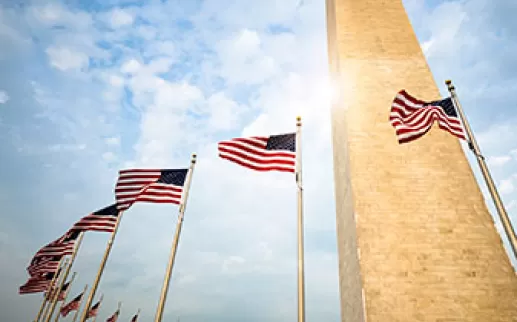 Banderas de Estados Unidos alrededor del Monumento a Washington